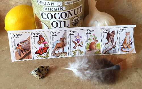 Stamps, feather, dalmatian stone
